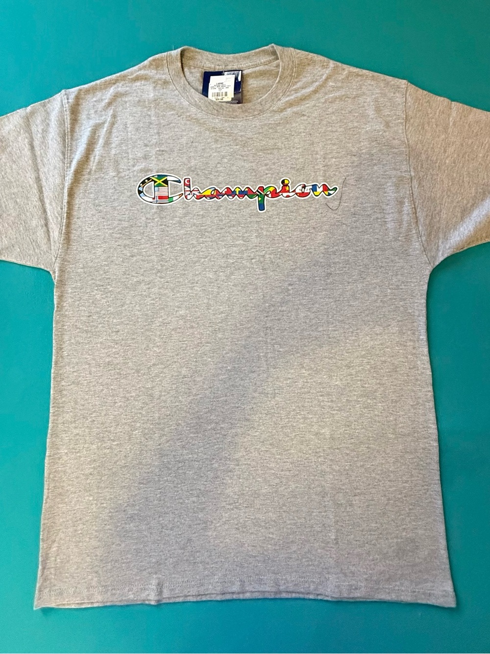 Champion Heather Gray Tee with Multicolor Logo